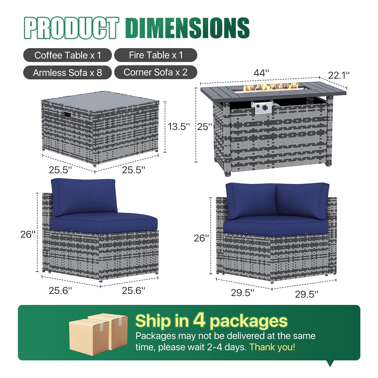 Clouddwell 12 Piece Patio Furniture Set with 44” Fire Pit Table Wicker Rattan Patio Conversation Set Outdoor Sectional Sofa Set with Coffee Table and Blue Cushions(Waterproof Cover Included)