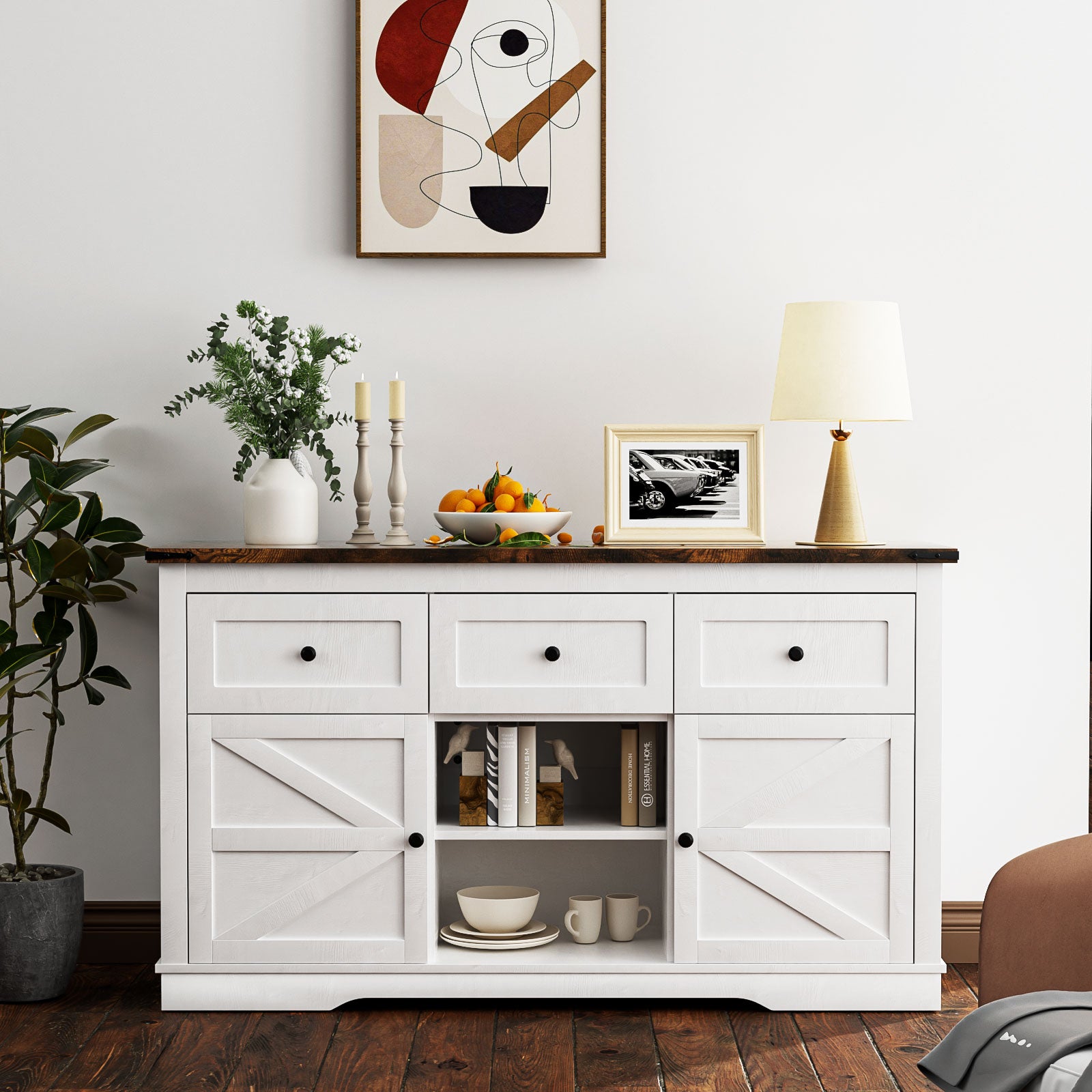 Oneinmil Storage Entryway Table, Farmhouse Sideboard Buffet with 3 Drawers & 2 Doors, Adjustable Shelves Cabinet for Living Dinning Room, White