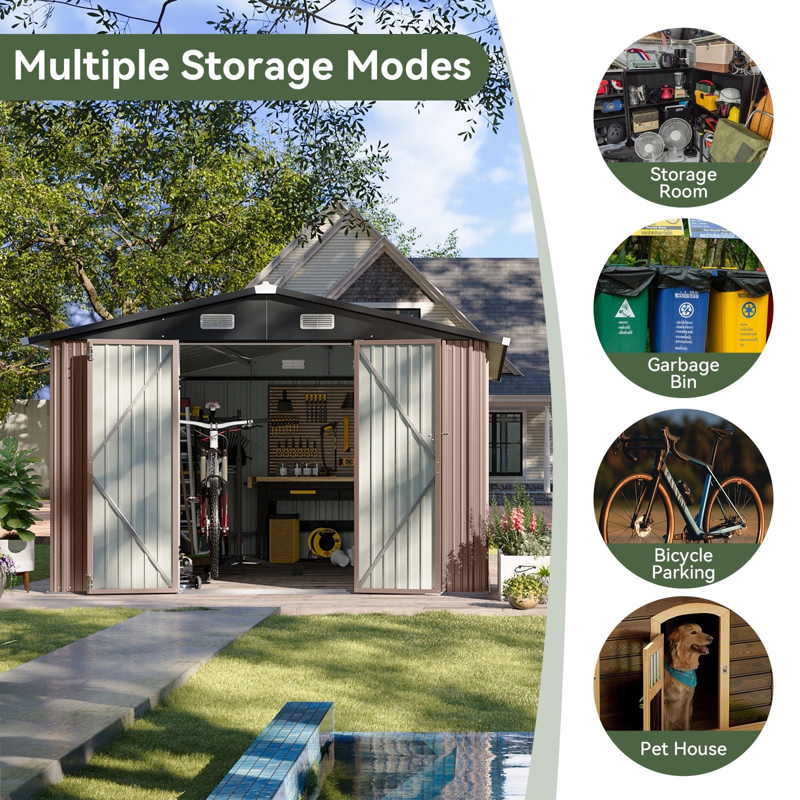 11.9x9.5 ft Outdoor Storage Shed, Galvanized Metal Shed with Lockable Door, Air Vents for Garden, Backyard, Brown