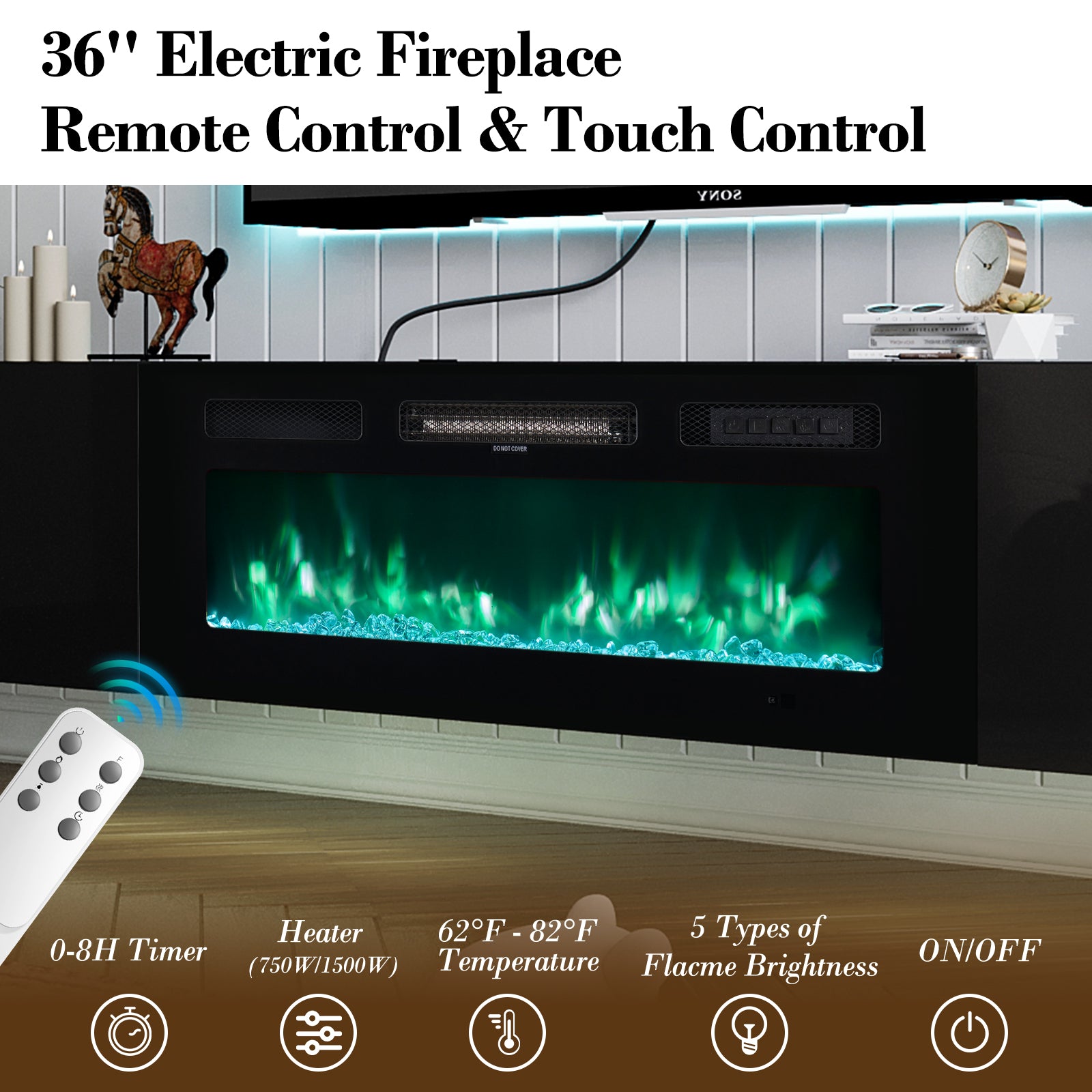 Floating Fireplace TV Stand for TVs up 80", Wall Mounted Fireplace Entertainment Center with 12 LED Colors, 70'' Console Table with Electric Fireplace, Black