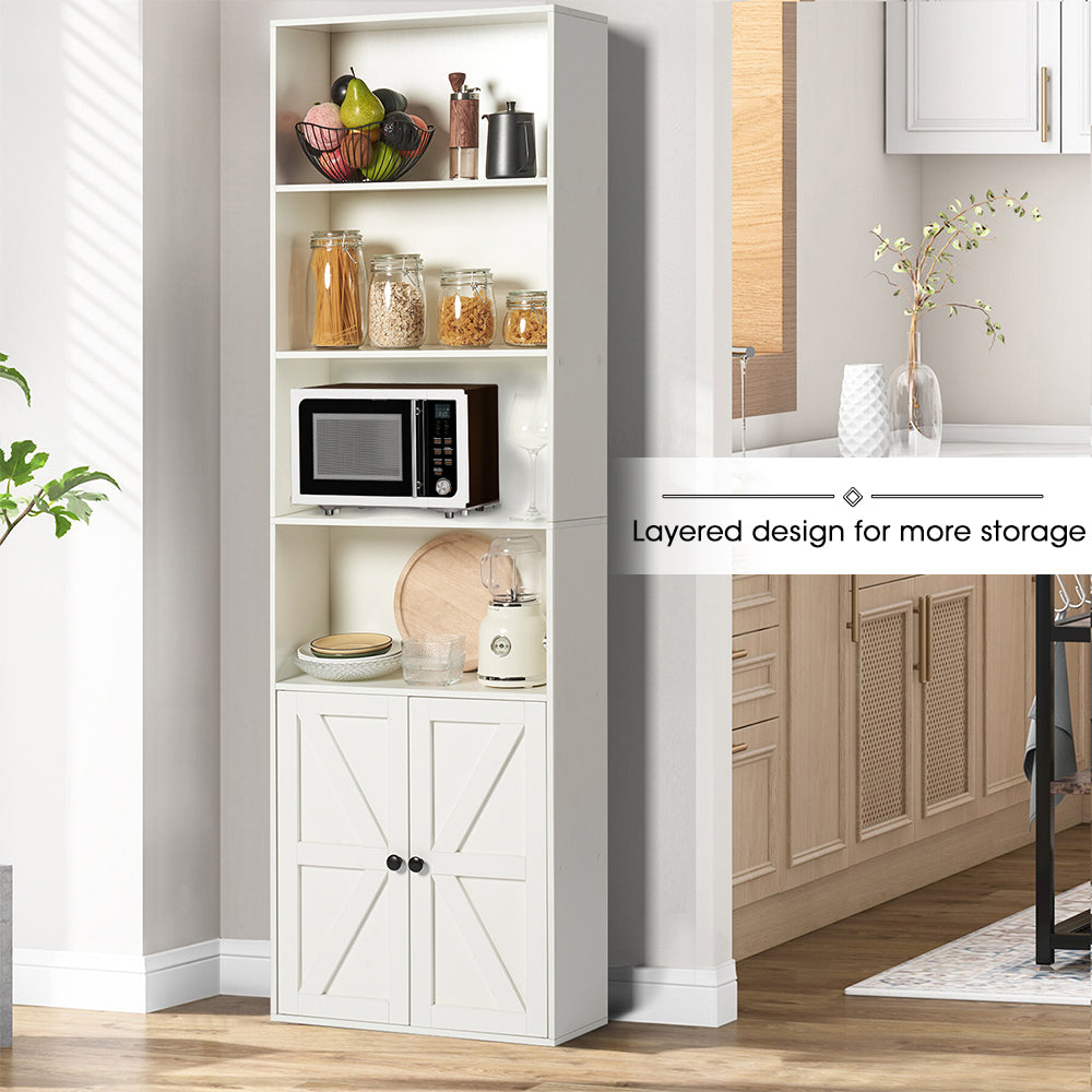 6-tier Standard Bookcase with Storage and Two Barn Doors, White