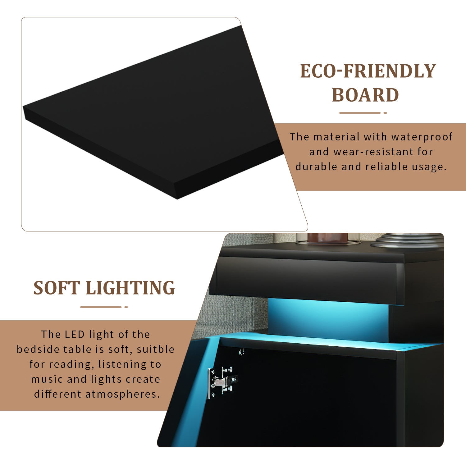 Oneinmil Set of 2 Home Nightstand, Black, with 24 Color LED Lights