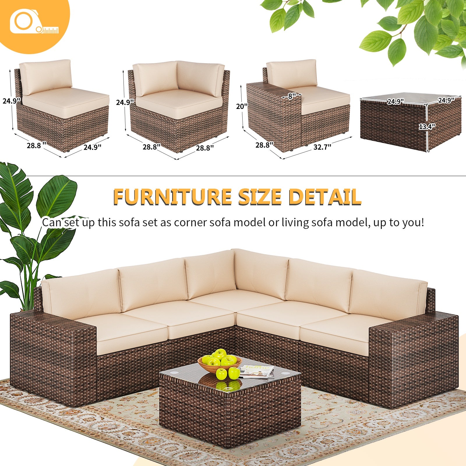 6 Pieces Outdoor Patio Furniture Sets, PE Rattan Wicker Sectional Sofa with Coffee Table for Lawn, Backyard,Balcony, Beige