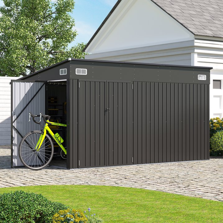 Sunmthink 12' x 8' Metal Storage Shed with Triple Doors, Lockable Lean-to Design & Vents, Black