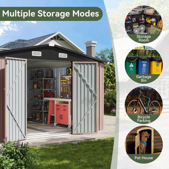 10x12 ft Outdoor Storage Shed, Steel Garden Shed, Brown(Floor included)