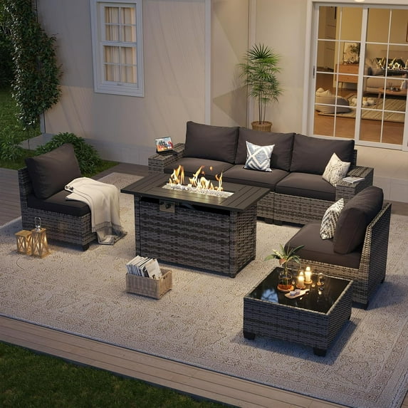 Aoxun 7 Pcs Outdoor Patio Furniture Sets with with 44'' Fire Table, Widen Armrests Wicker Outdoor Sectional for Backyard (Waterproof Cover Include)