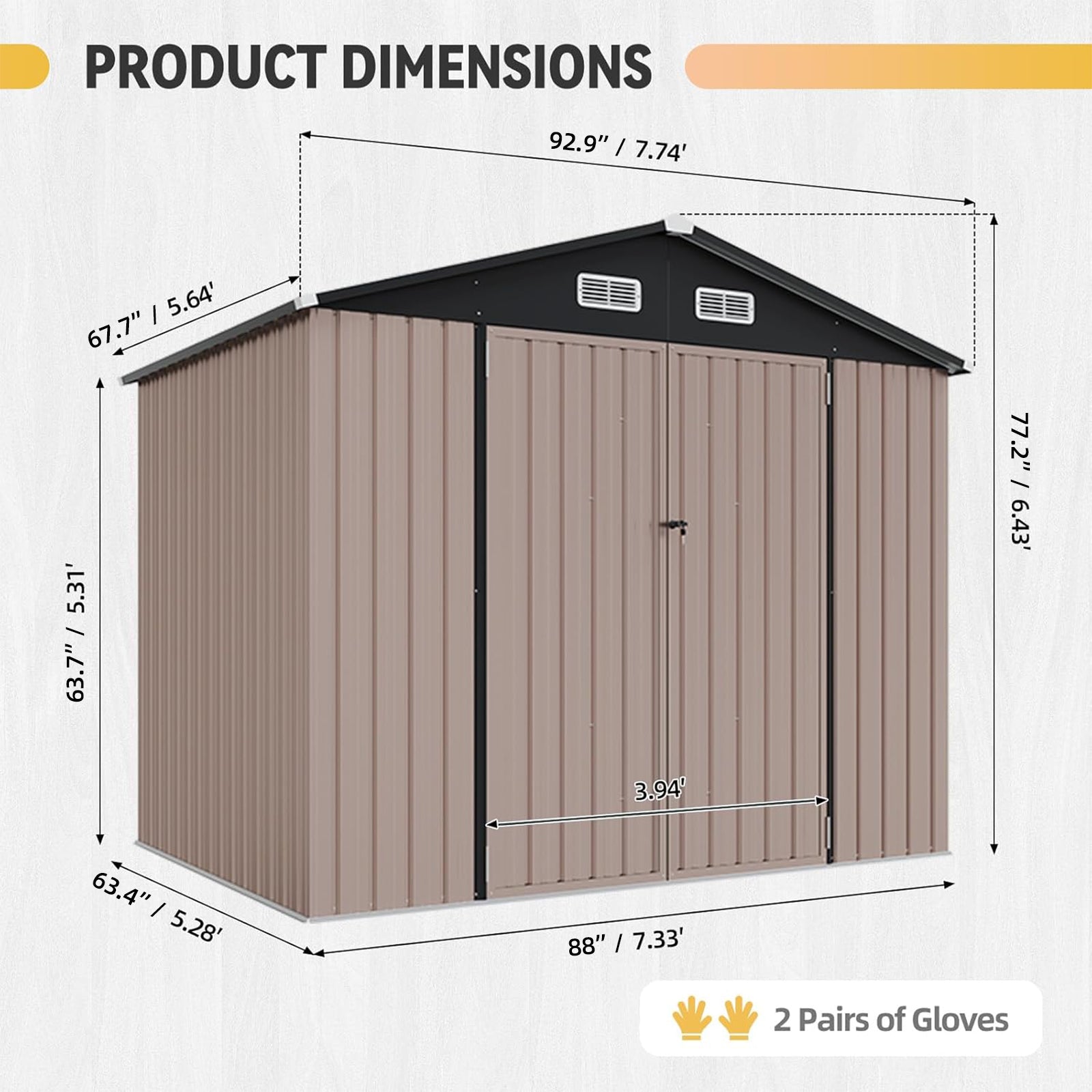 Aoxun 7.3'x5.3' Shed with Floor Galvanized Steel Outdoor Storage Shed Brown | Metal Garden Shed with Double Doors, Moisture-Proof Floor & Ventilation, Sloped Roof for Garden, Patio, Backyard