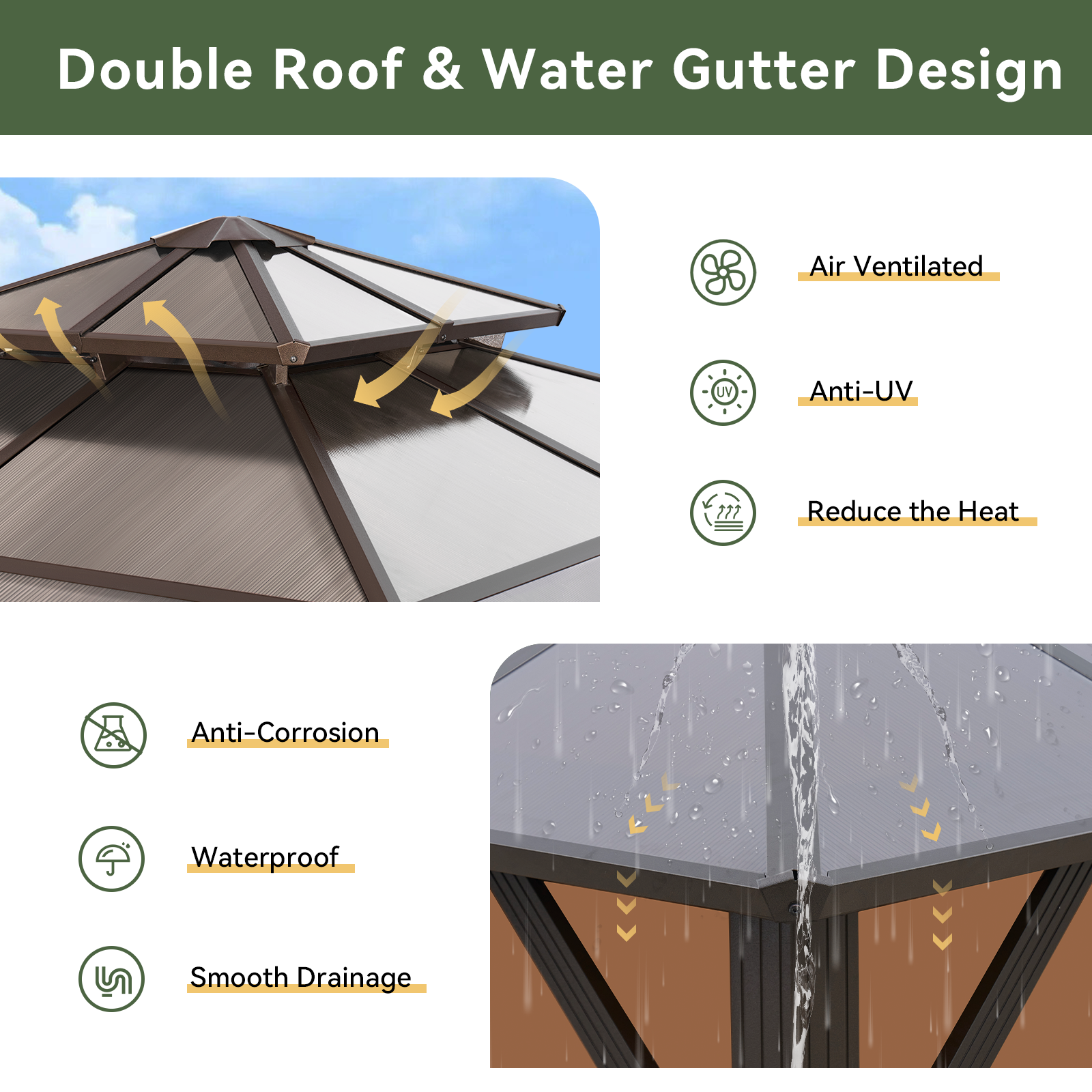 12'x12' Hardtop Gazebo, Aluminum Frame Permanent Pavilion with Curtains and Netting, Outdoor Polycarbonate Double Roof Canopy, Designed for Garden, Lawns, Patio, Gray