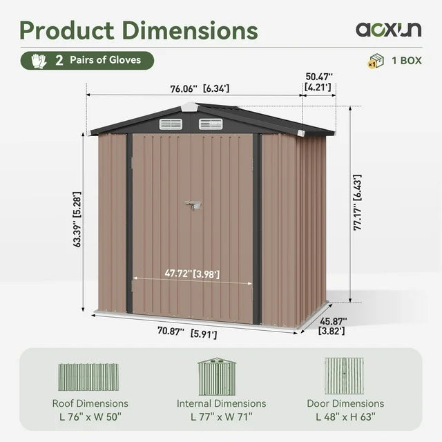 6’x4’ Storage Shed with Base, 22.5sq ft Outdoor Storage with Lockable Doors for Garden(Brown)