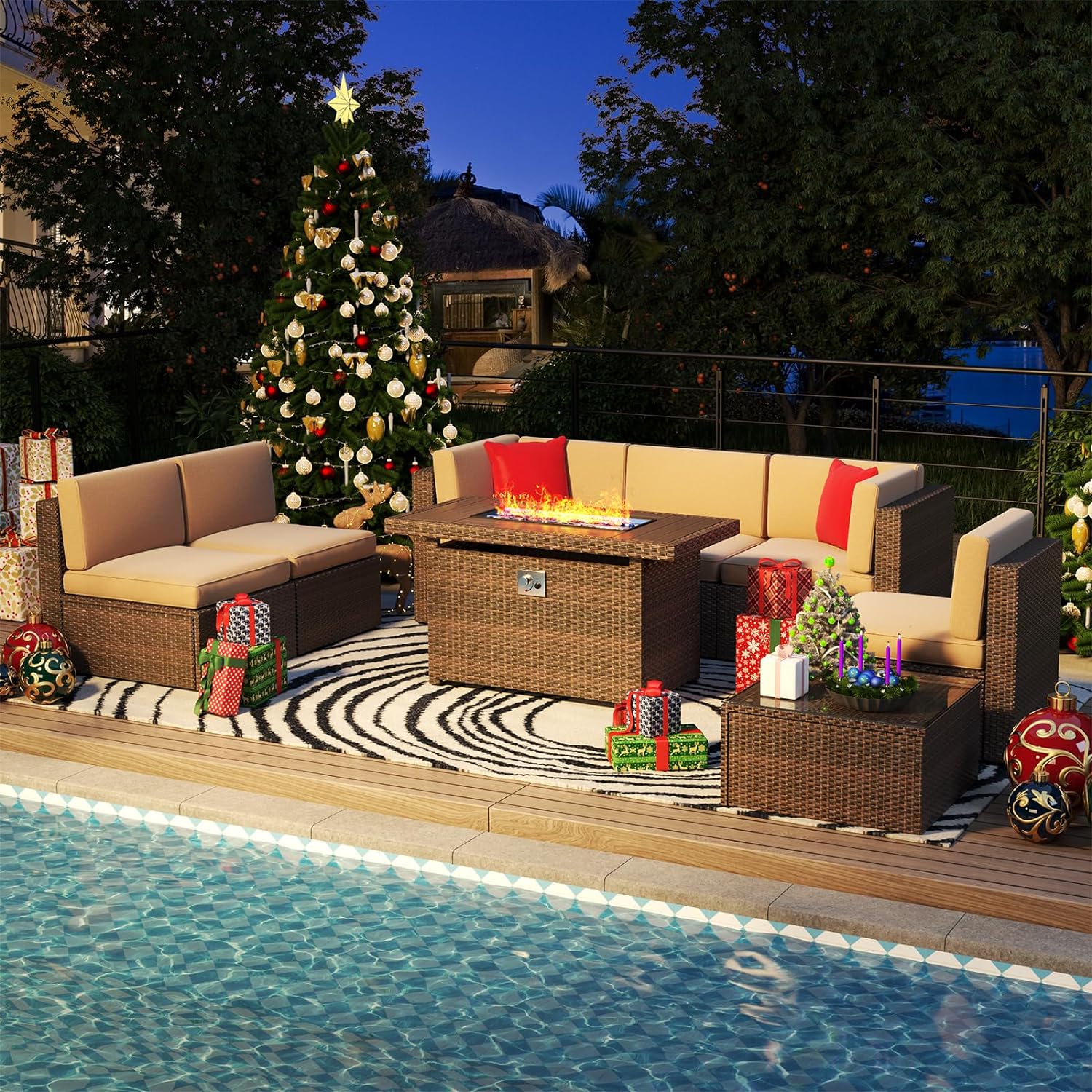 Wicker Patio Furniture Sofa Set with Fire Pit Table