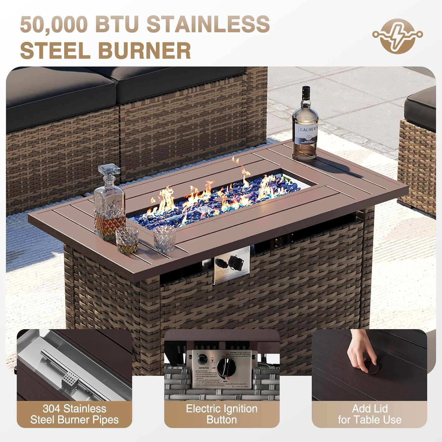 Aoxun Patio Furniture Set 7-Piece with Umbrella / Fire Pit