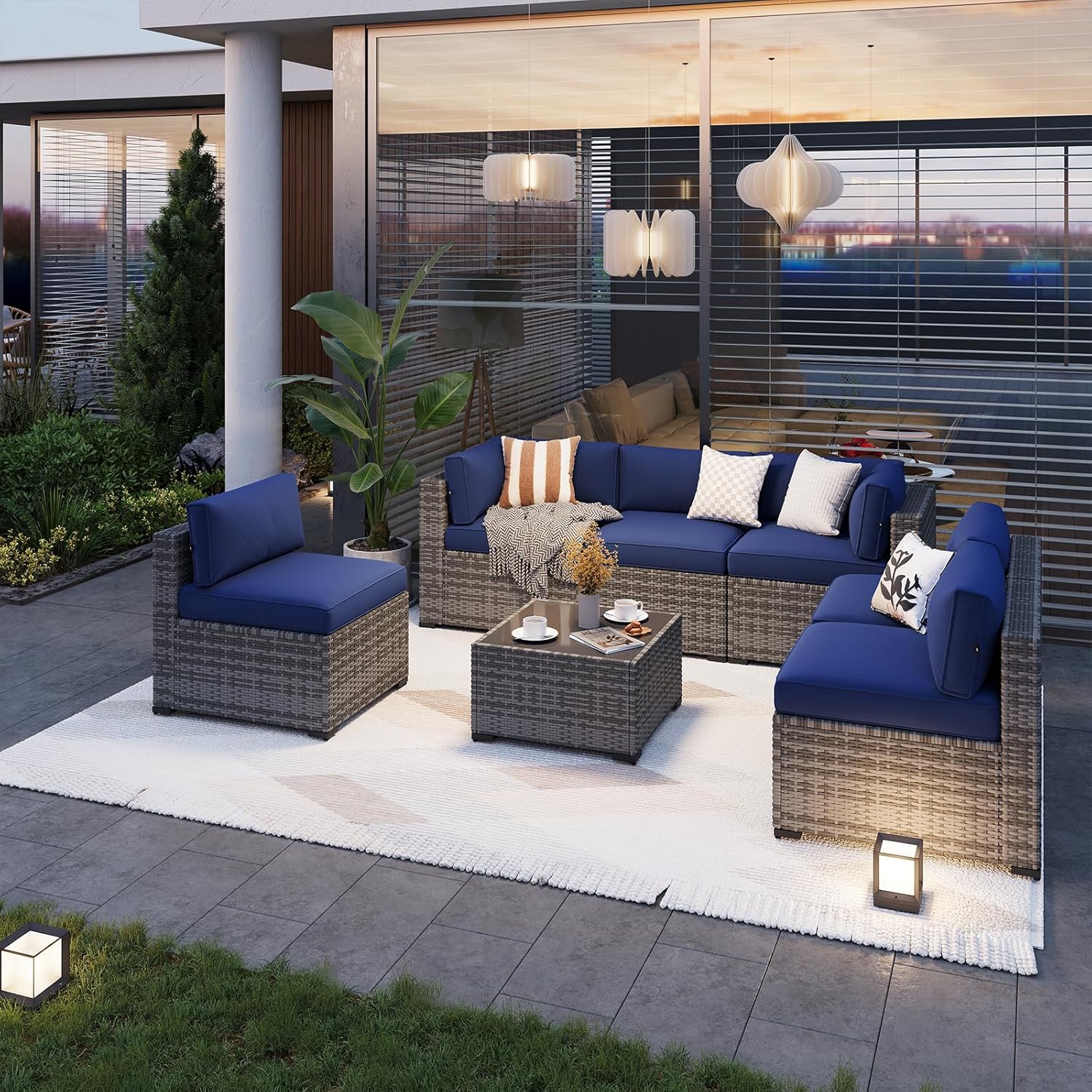 Aoxun Patio Furniture Set 7-Piece with Umbrella / Fire Pit