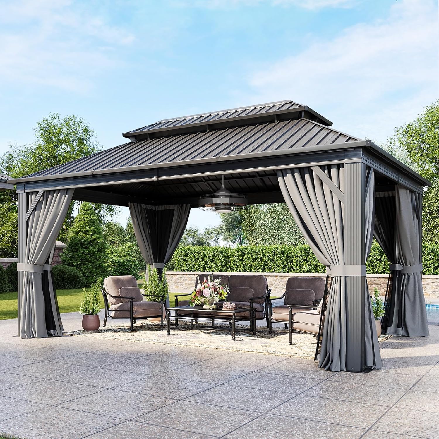 Classic Hardtop Gazebo with 20 inch Ceiling Fans and Lights
