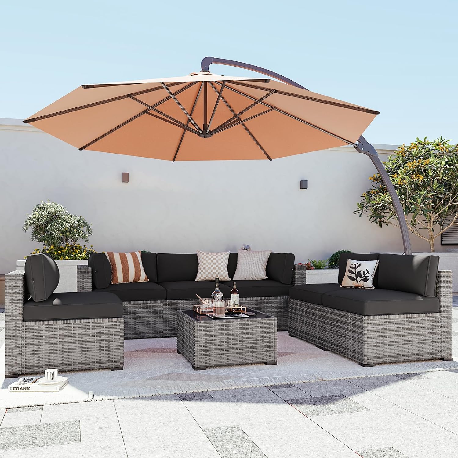 Aoxun Patio Furniture Set 7-Piece with Umbrella / Fire Pit