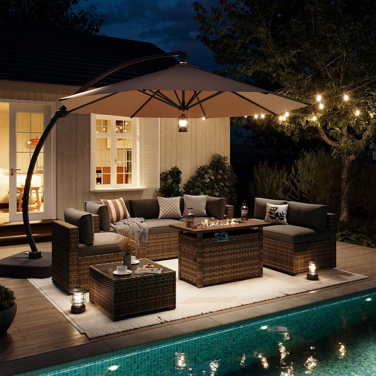 Aoxun Patio Furniture Set 7-Piece with Umbrella / Fire Pit