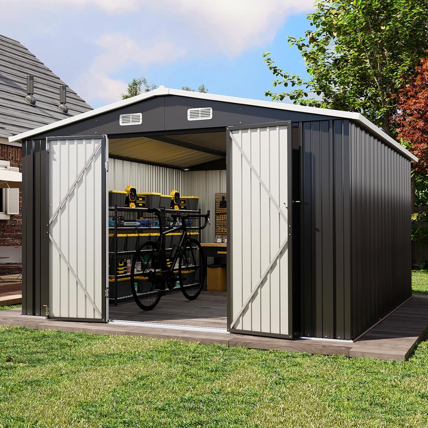 Aoxun 10x12 FT Outdoor Storage Shed - Metal Garden Tool Shed with Lockable Doors & Slooping Roof, Waterproof Outside Storage Shed Ideal for Tools, Garden Equipment & Bikes, Patio Placement(Black)