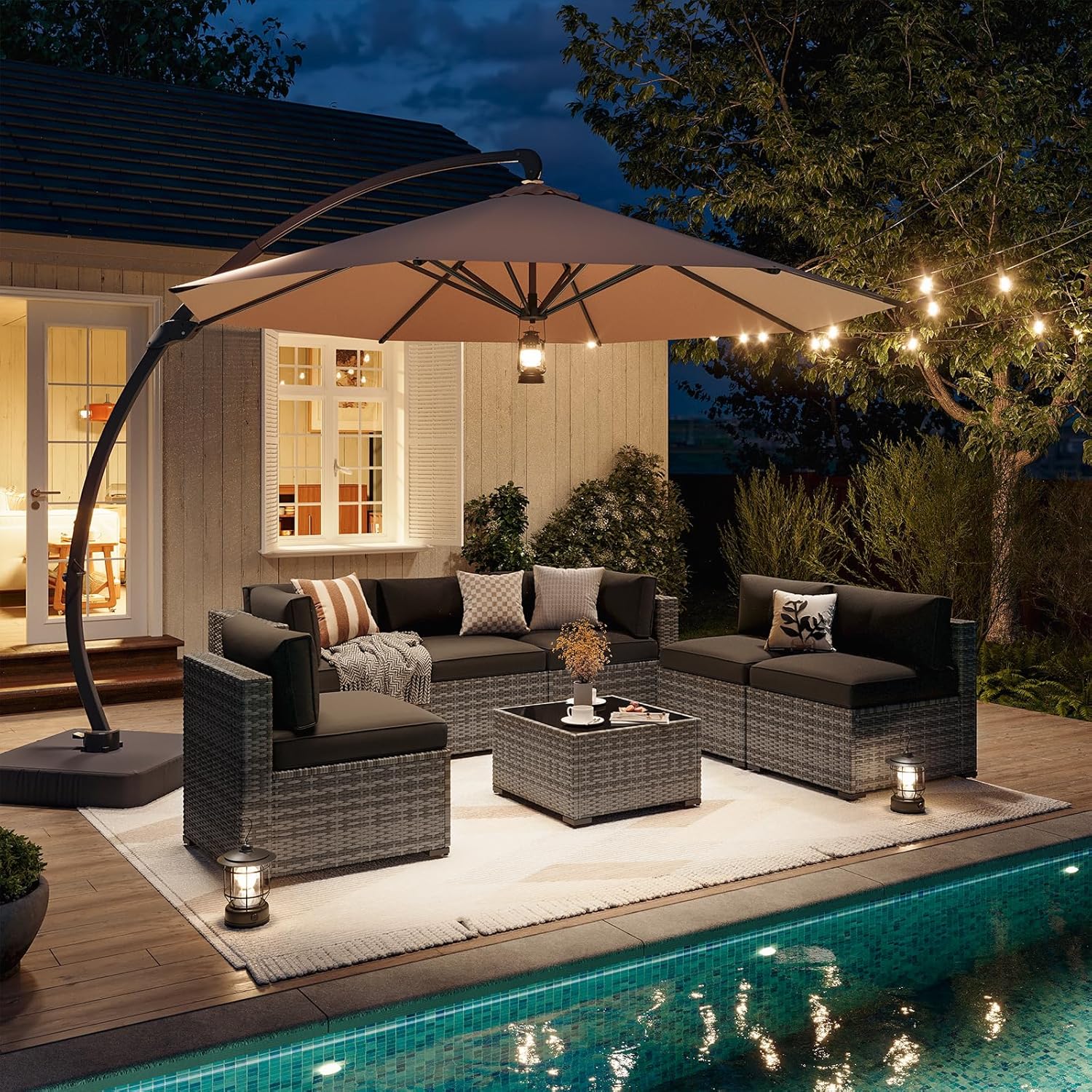 Aoxun Patio Furniture Set 7-Piece with Umbrella / Fire Pit