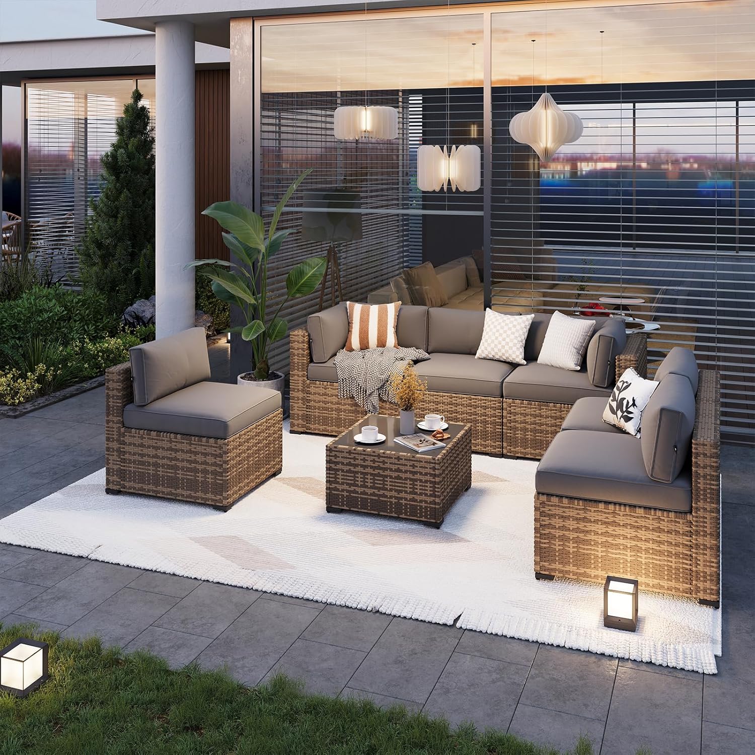 Aoxun Patio Furniture Set 7-Piece with Umbrella / Fire Pit