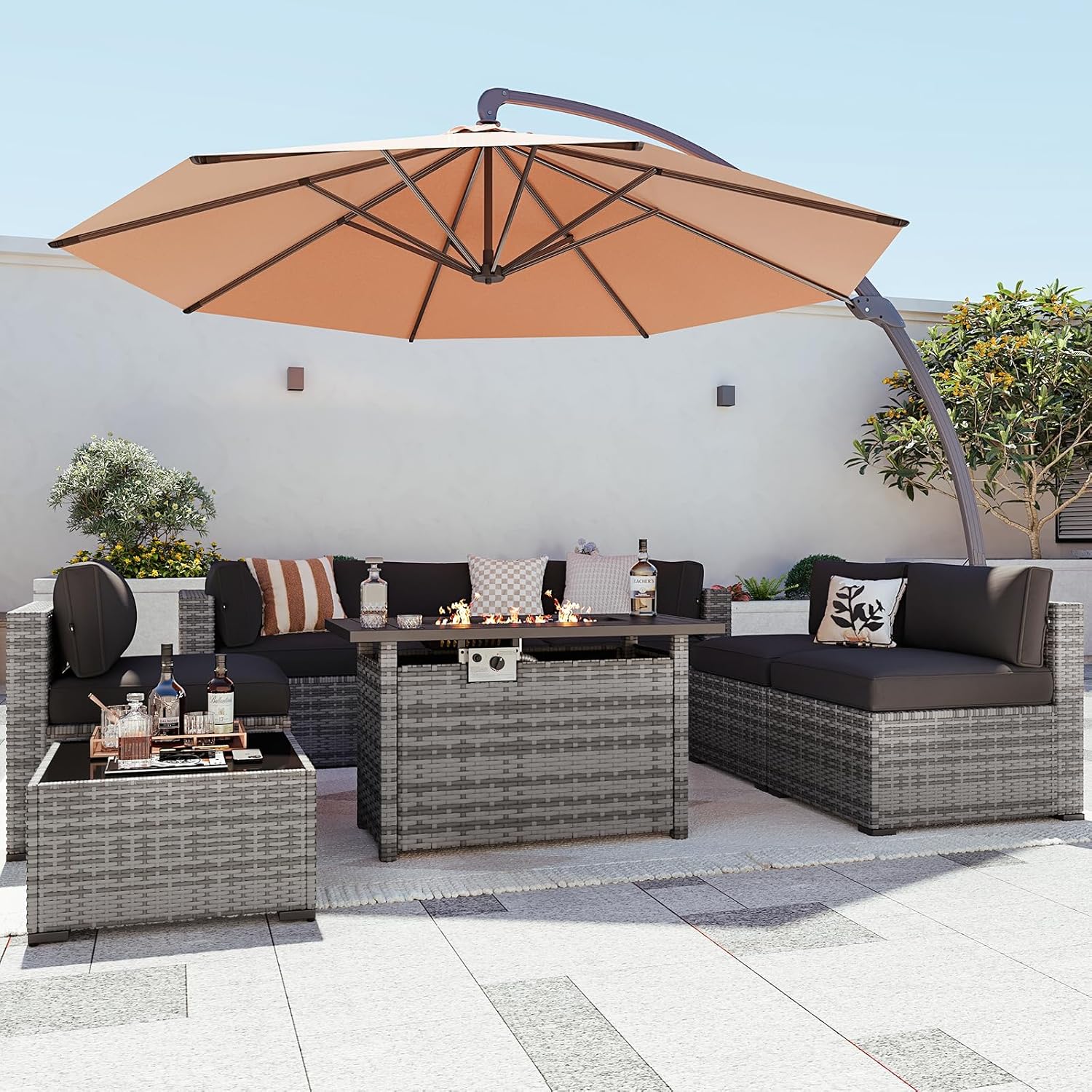Aoxun Patio Furniture Set 7-Piece with Umbrella / Fire Pit