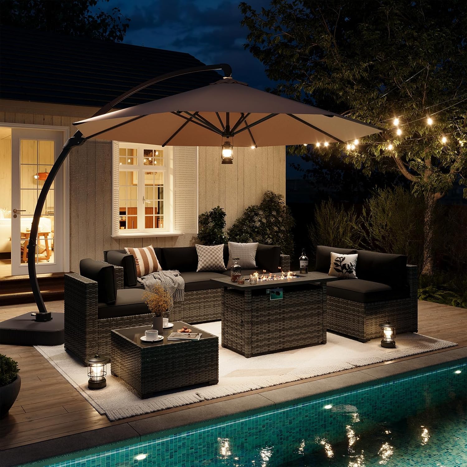 Aoxun Patio Furniture Set 7-Piece with Umbrella / Fire Pit