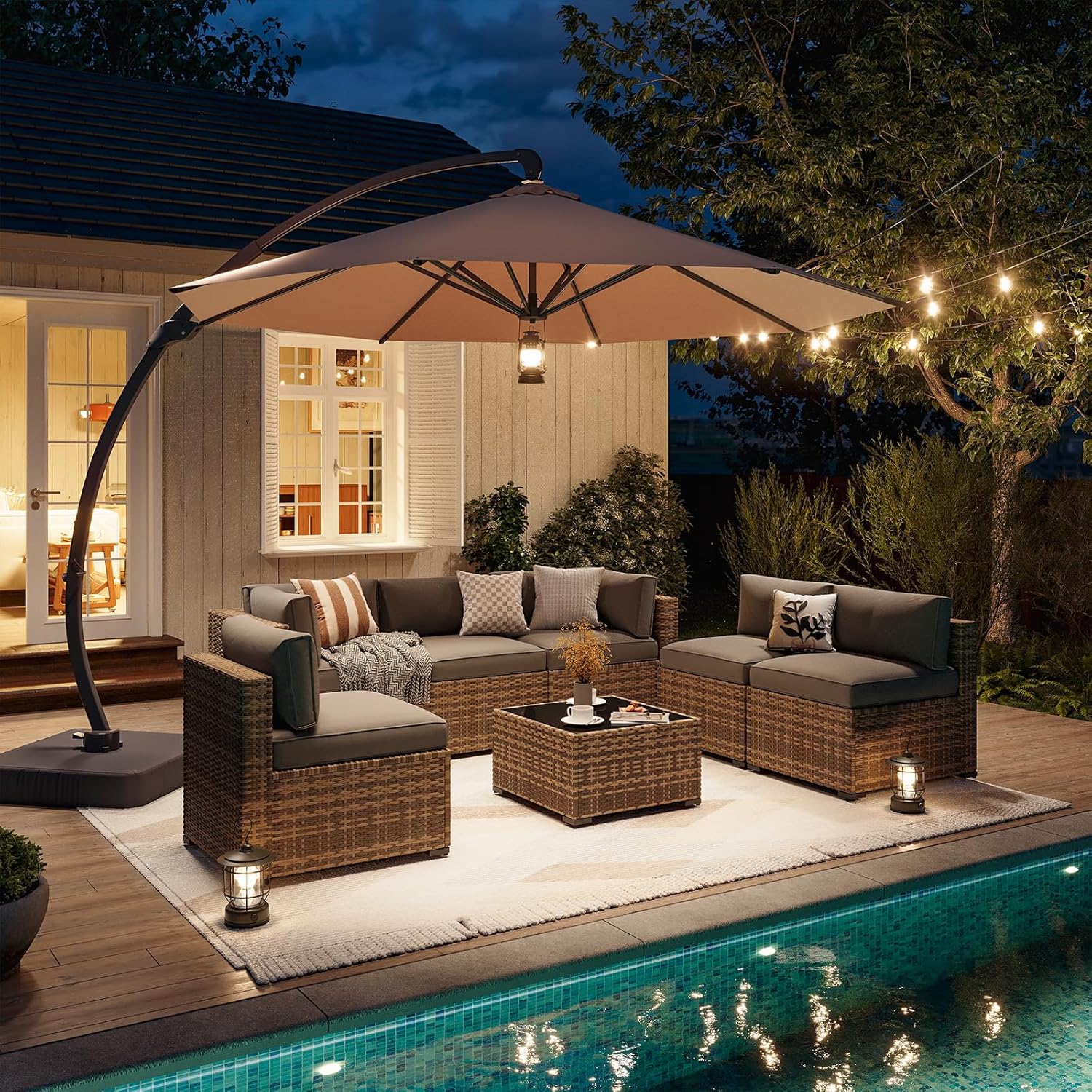 Aoxun Patio Furniture Set 7-Piece with Umbrella / Fire Pit