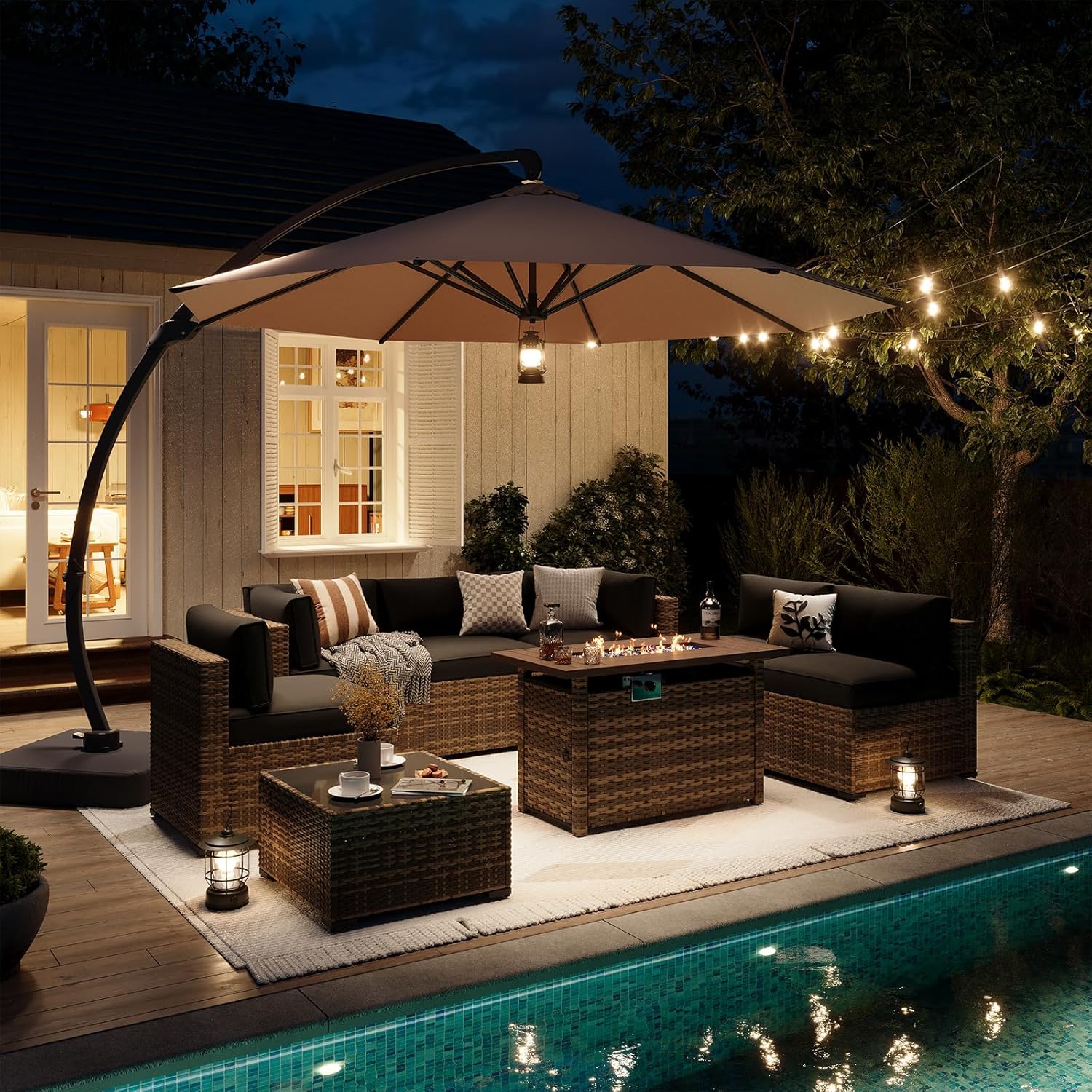 Aoxun Patio Furniture Set 7-Piece with Umbrella / Fire Pit