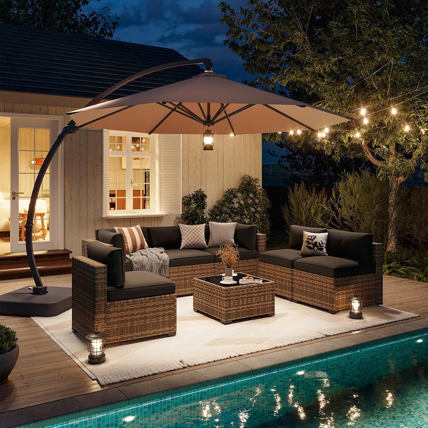 Aoxun Patio Furniture Set 7-Piece with Umbrella / Fire Pit