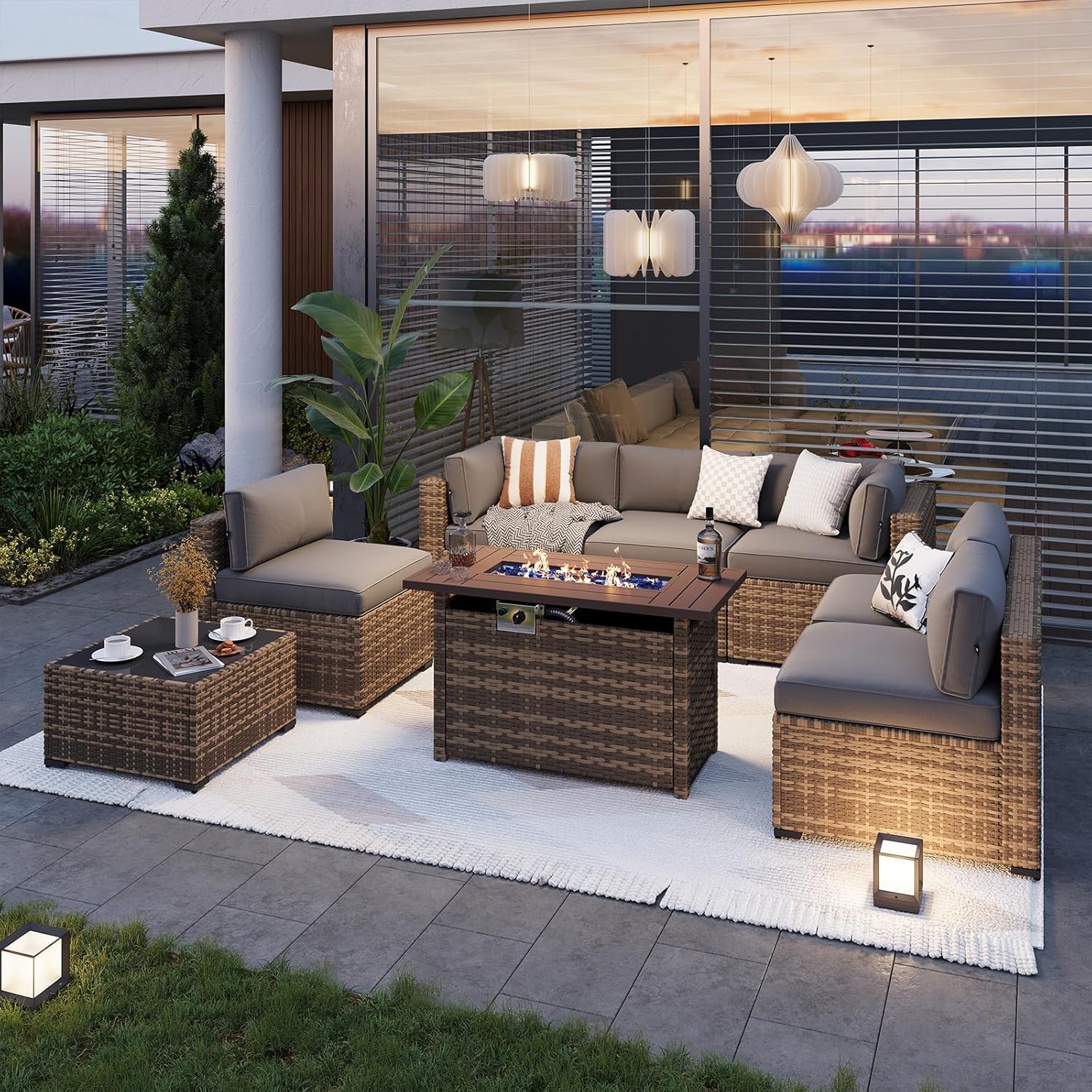 Aoxun Patio Furniture Set 7-Piece with Umbrella / Fire Pit