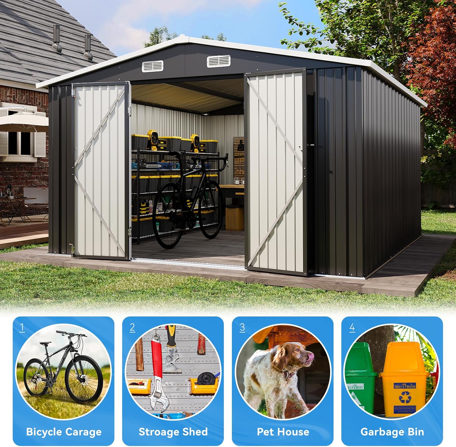 Aoxun 10x12 FT Outdoor Storage Shed - Metal Garden Tool Shed with Lockable Doors & Slooping Roof, Waterproof Outside Storage Shed Ideal for Tools, Garden Equipment & Bikes, Patio Placement(Black)