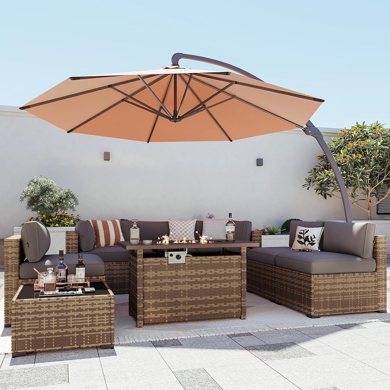 Aoxun Patio Furniture Set 7-Piece with Umbrella / Fire Pit