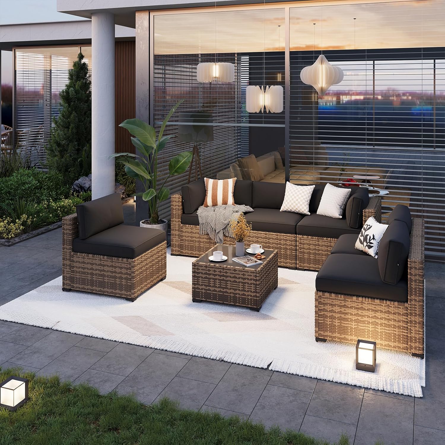 Aoxun Patio Furniture Set 7-Piece with Umbrella / Fire Pit