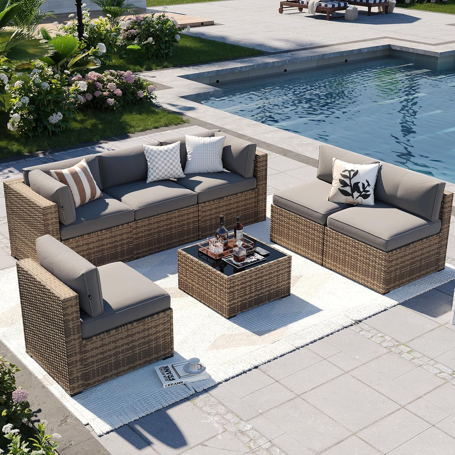 Aoxun Patio Furniture Set 7-Piece with Umbrella / Fire Pit