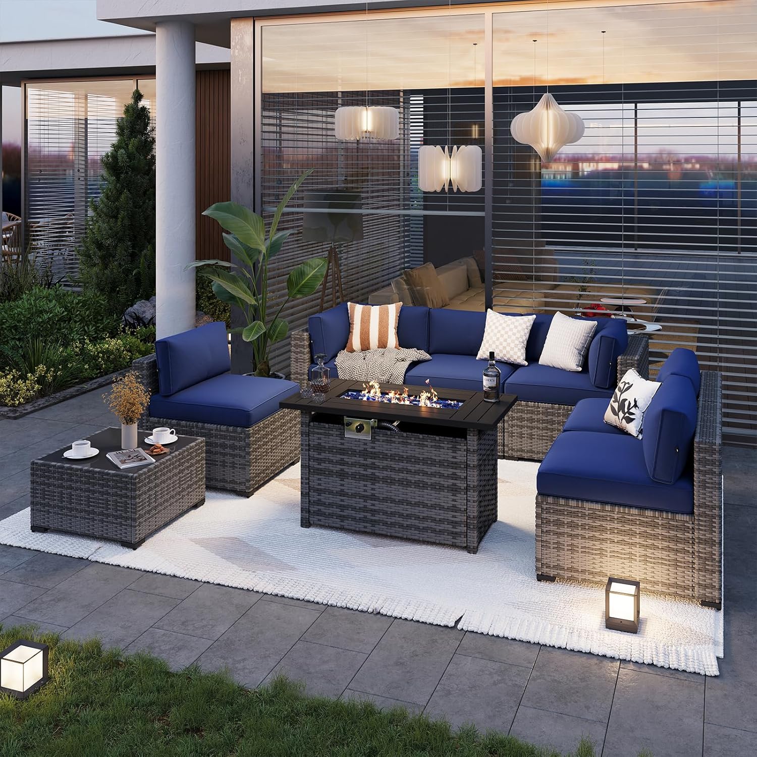 Aoxun Patio Furniture Set 7-Piece with Umbrella / Fire Pit