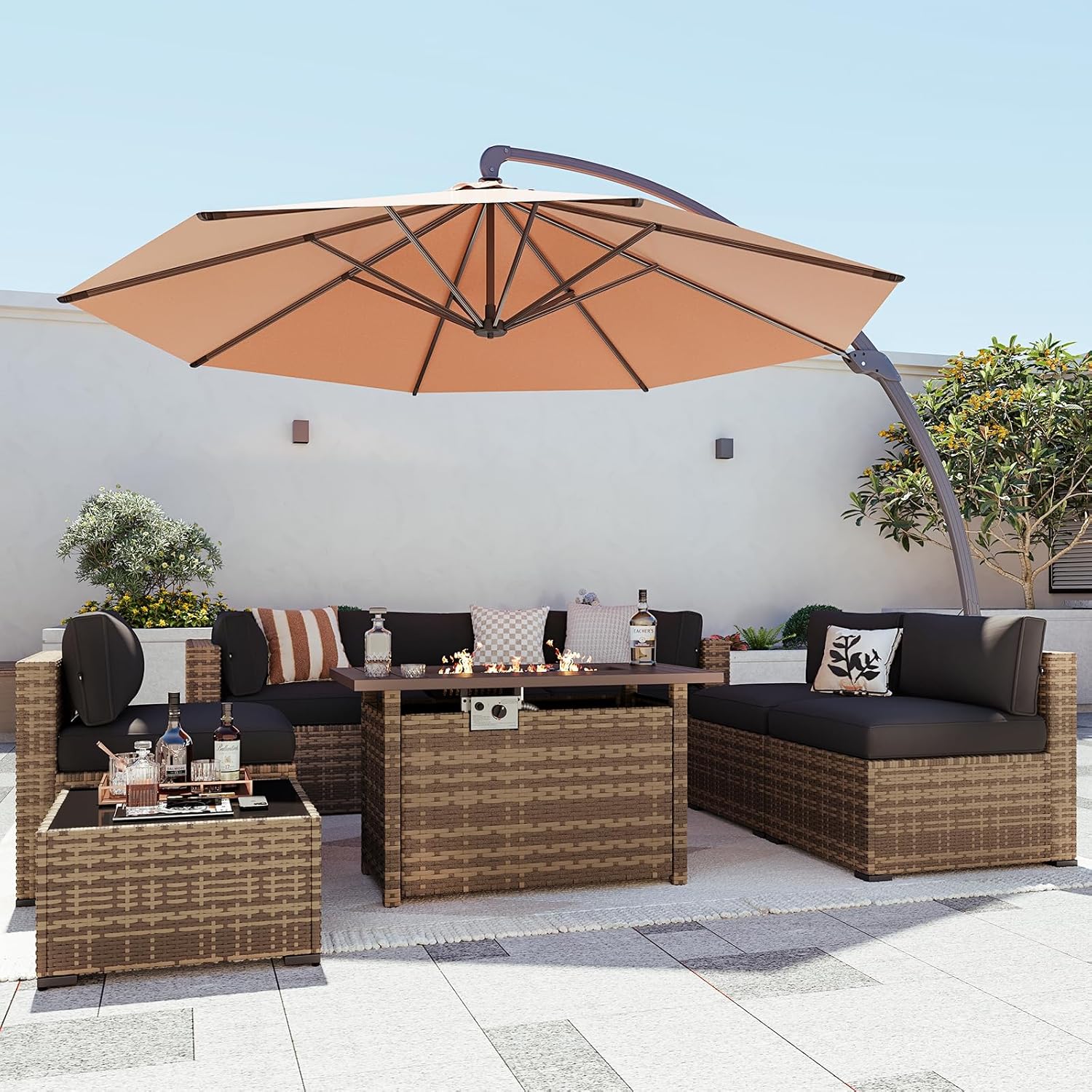 Aoxun Patio Furniture Set 7-Piece with Umbrella / Fire Pit