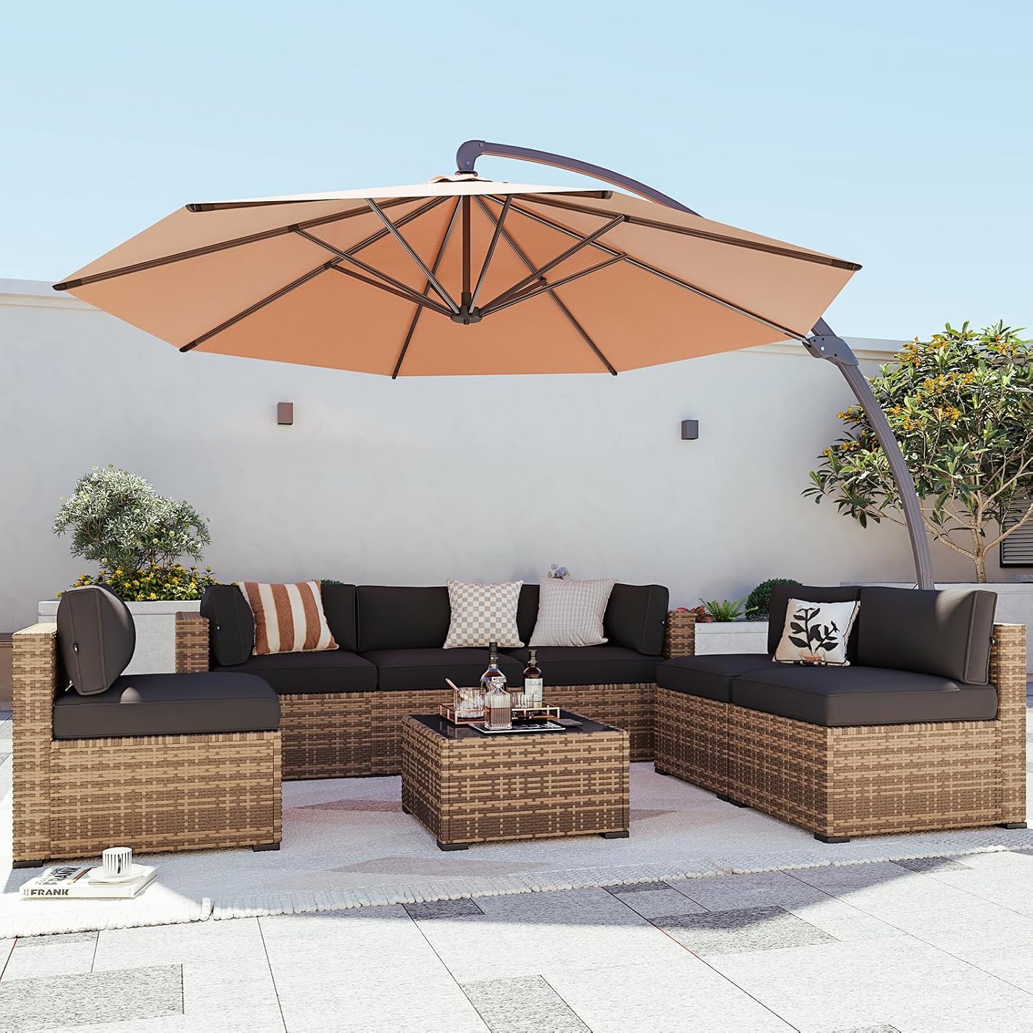 Aoxun Patio Furniture Set 7-Piece with Umbrella / Fire Pit