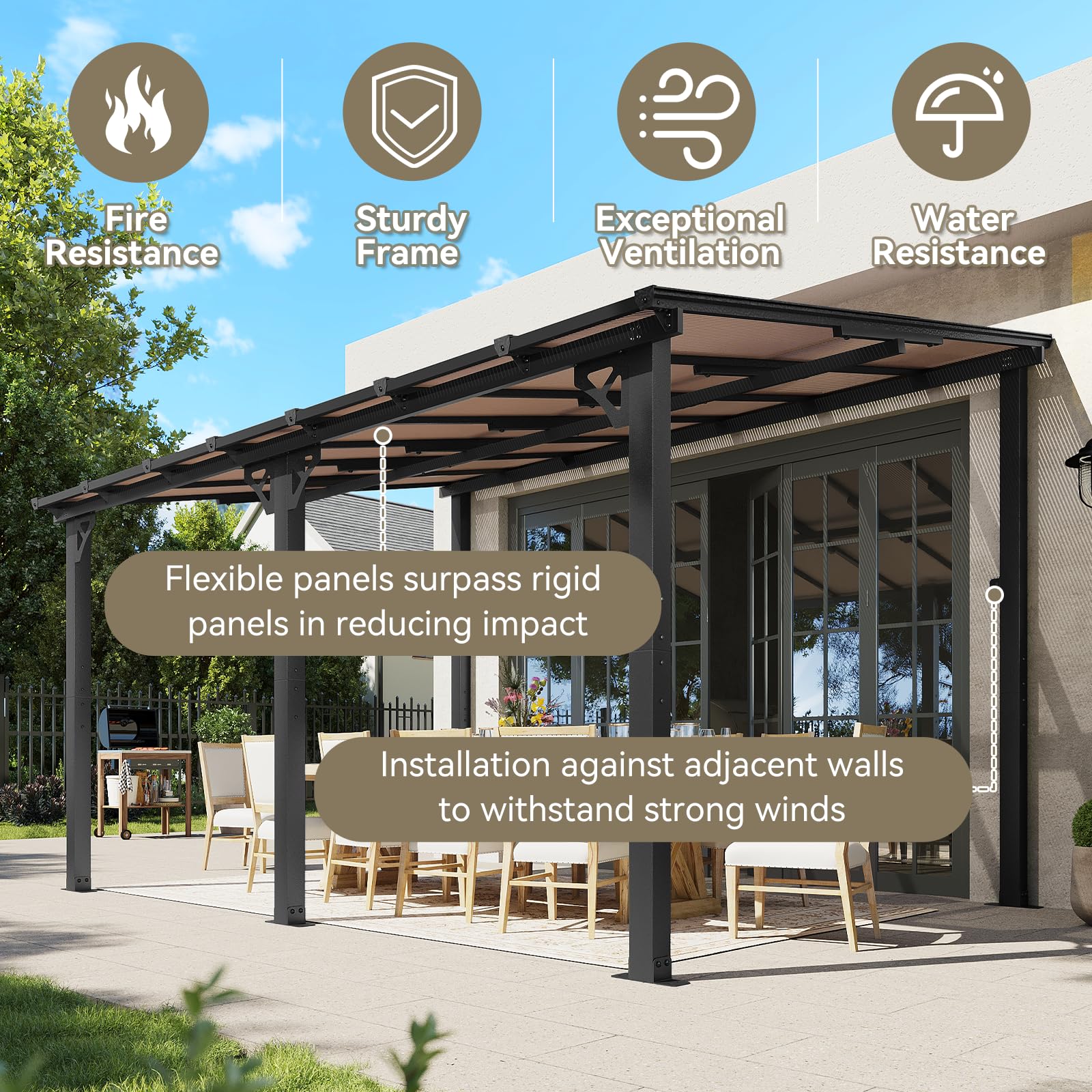 Aoxun 14' x 10' Gazebo for Patio, Lean to Gazebo Pergola with Sloped Roof, Large Wall-Mounted Heavy Duty Awnings, for Backyard, Deck, Patio
