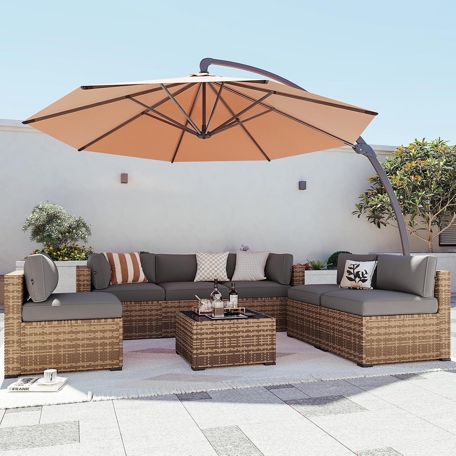 Aoxun Patio Furniture Set 7-Piece with Umbrella / Fire Pit