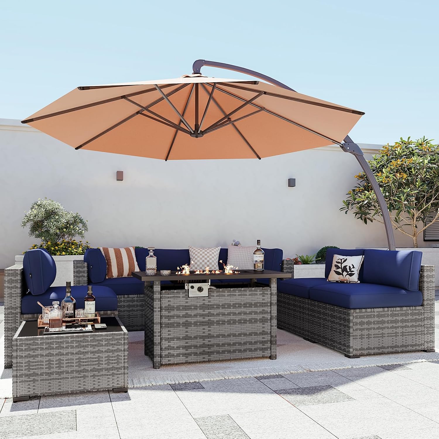 Aoxun Patio Furniture Set 7-Piece with Umbrella / Fire Pit