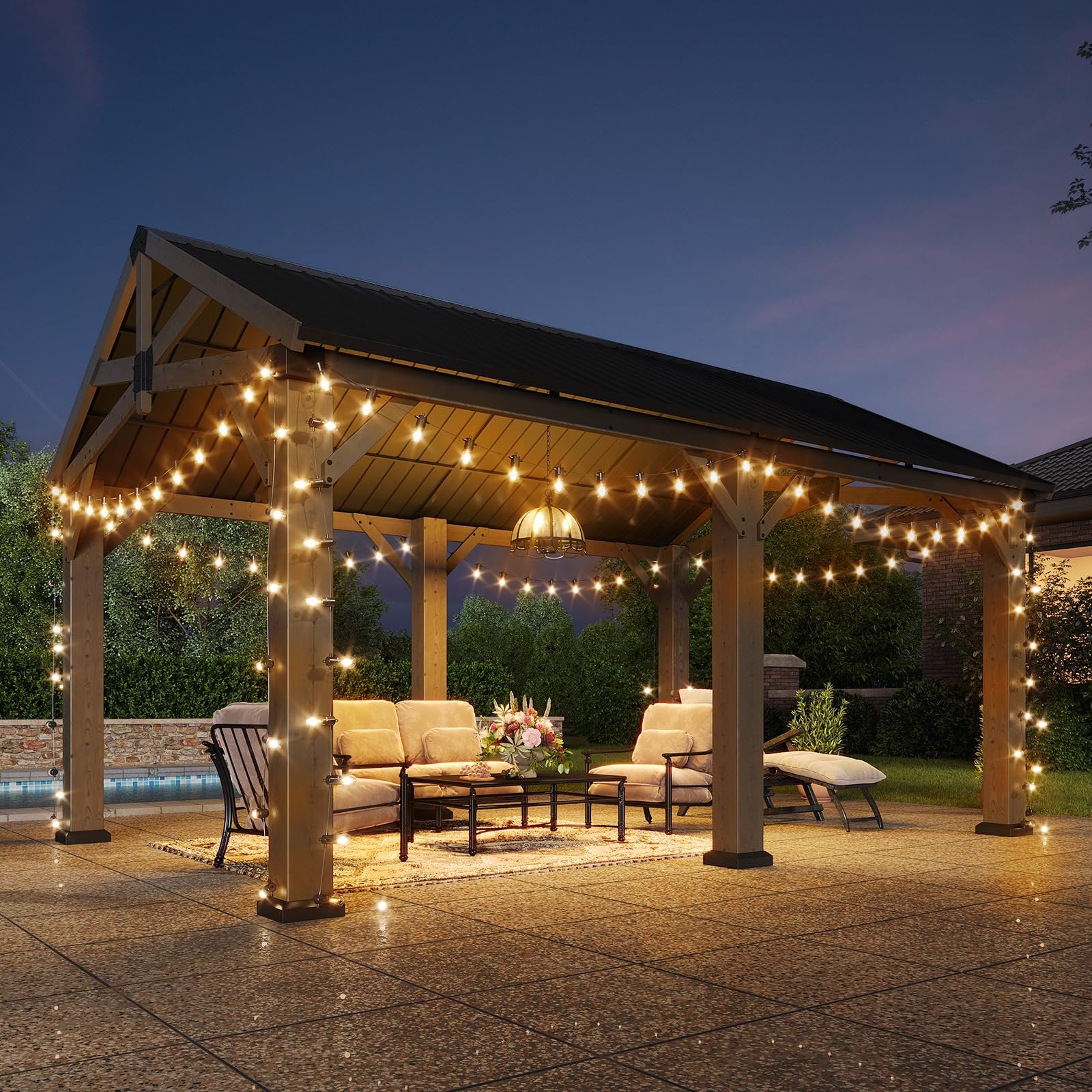 12' x 16' Outdoor Wood Gazebo, Hardtop Gazebo Permanent Wooden Pavilion with Galvanized Steel Gable Roof, for Patio, Garden, Deck, Cedar Wood