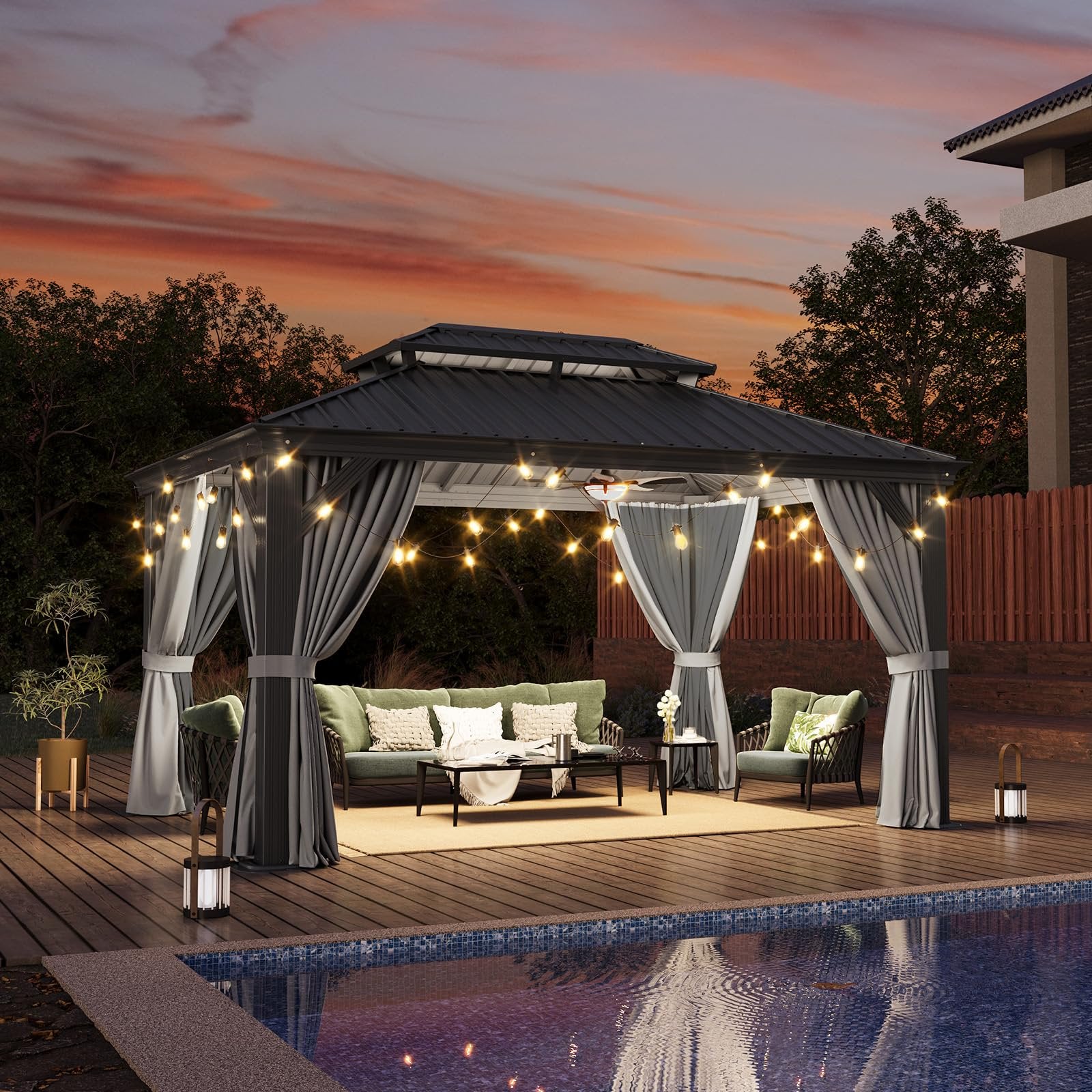 10' X 14' Hardtop Gazebo with Drainage System, Aluminum Outdoor Gazebo with Galvanized Steel Double Roof, Patio Permanent Metal Gazebo Pavilion with Netting, for Garden, Deck, Grey