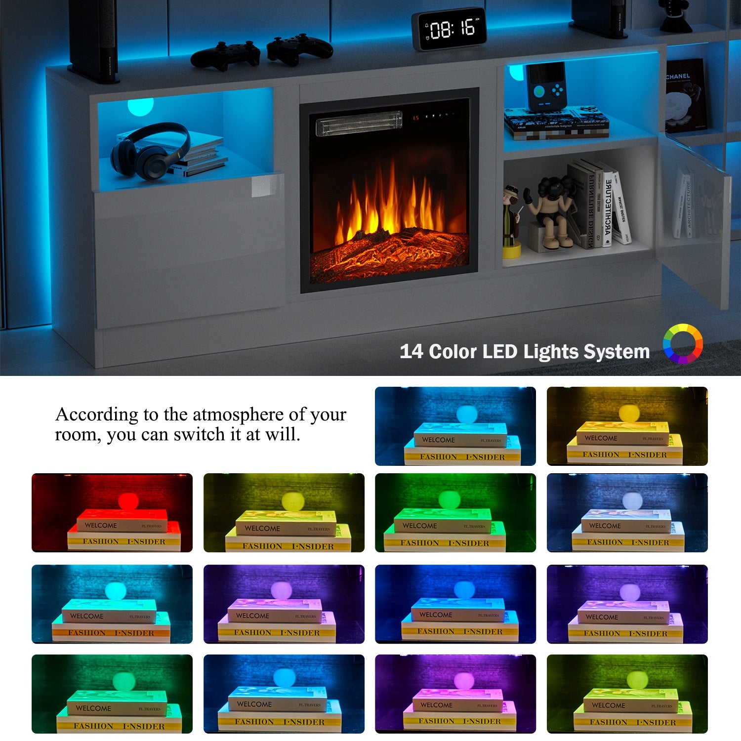 TV Stand with 18" Electric Fireplace, 58"Fireplace TV Stand with LED, Entertainment Center for TVs Up to 65" for Living Room, Bedroom, White