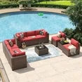 10 Piece Patio Furniture Set Wicker Rattan Patio Conversation Set Outdoor Sectional Sofa Set with Coffee Table and 4” Thickened Cushions, Red (Waterproof Cover Included)