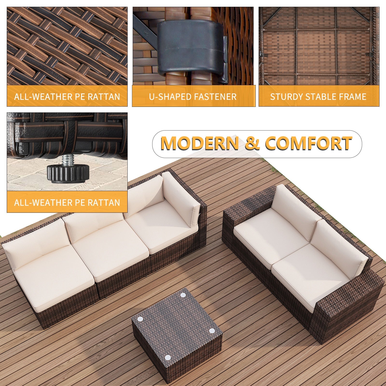 6 Pieces Outdoor Patio Furniture Sets, PE Rattan Wicker Sectional Sofa with Coffee Table for Lawn, Backyard,Balcony, Beige