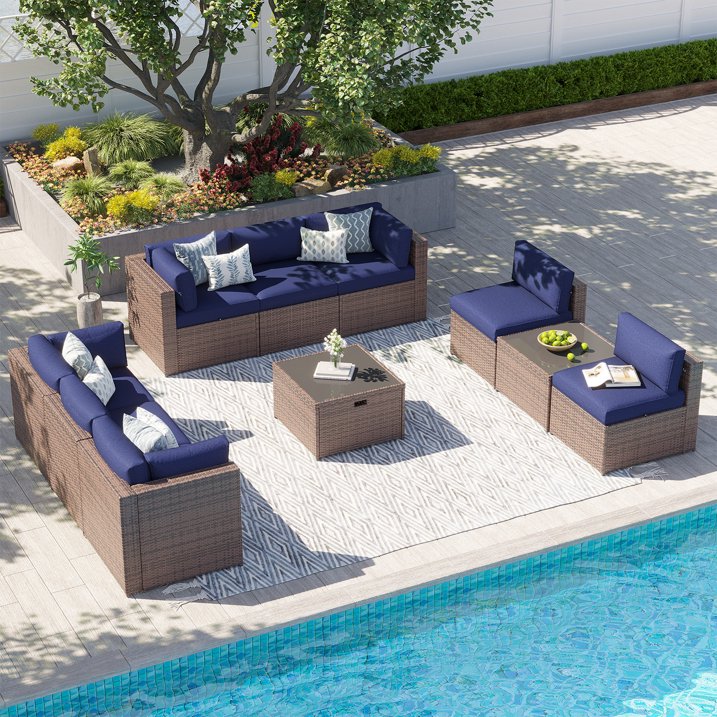 Clouddwell 10 Piece Patio Furniture Set Wicker Rattan Patio Conversation Set Outdoor Sectional Sofa Set with Coffee Table and Blue Cushions(Waterproof Cover Included)