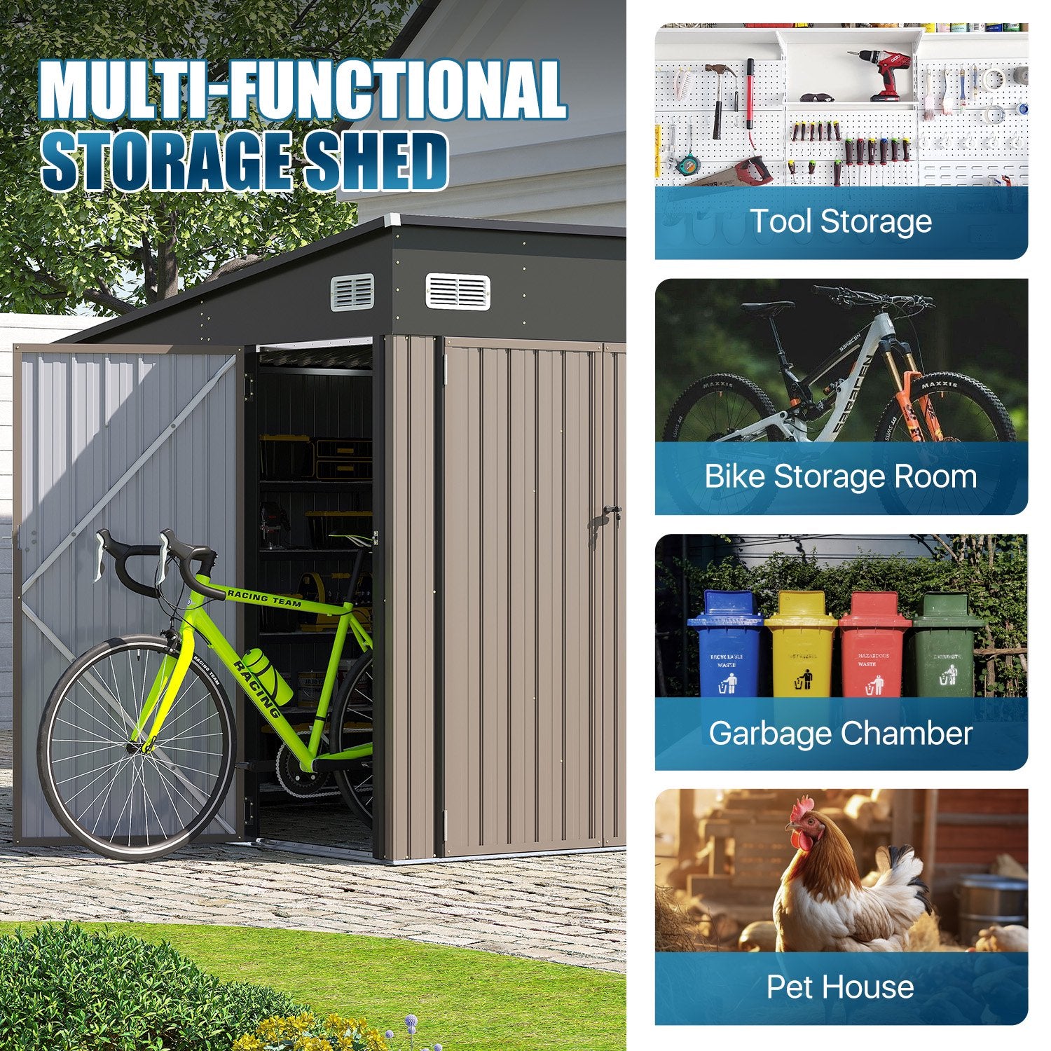 Sunmthink 10' x 8' Metal Storage Shed with Triple Doors, Lockable Lean-to Design & Vents, Brown