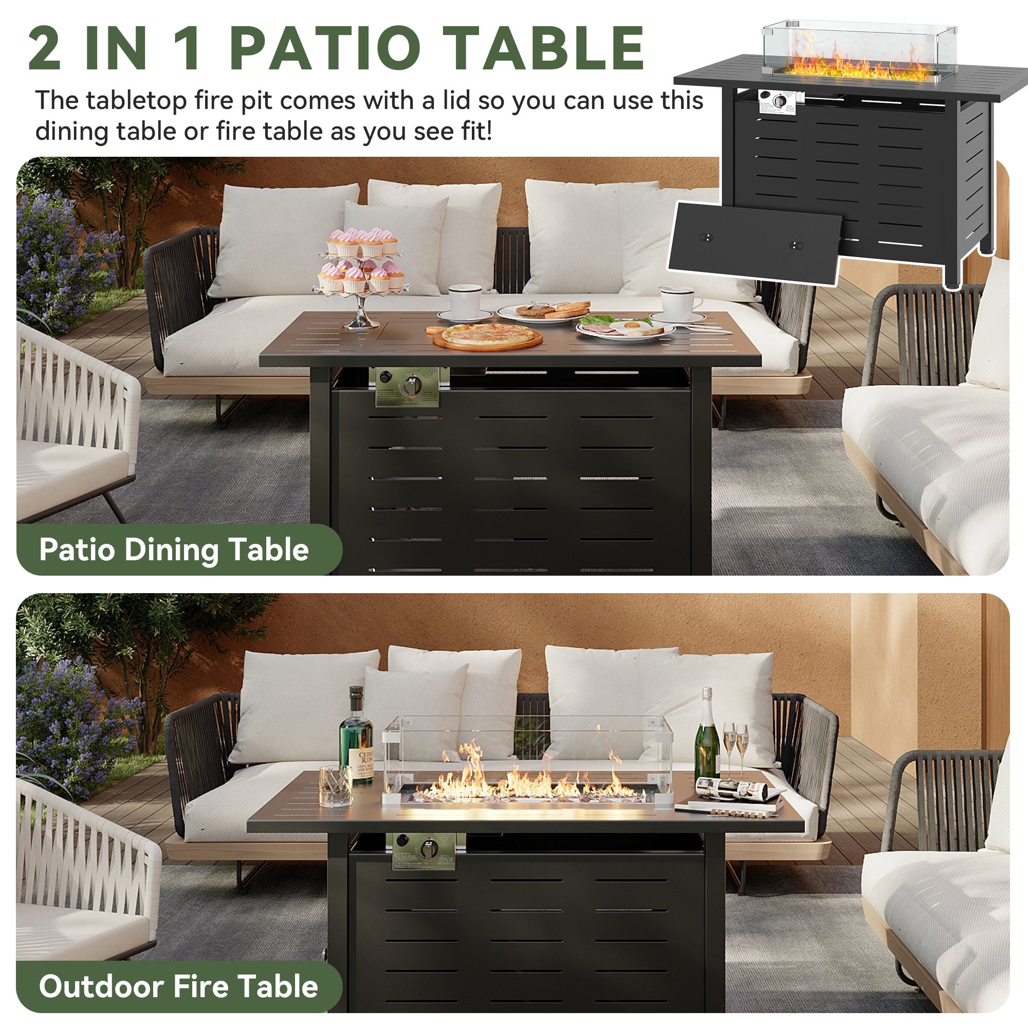 40" Propane Fire Pit Table, 50,000 BTU Auto Ignition Steel Gas Fire Pit with Removable Lid & Waterproof Cover for Patio, Backyard, Black