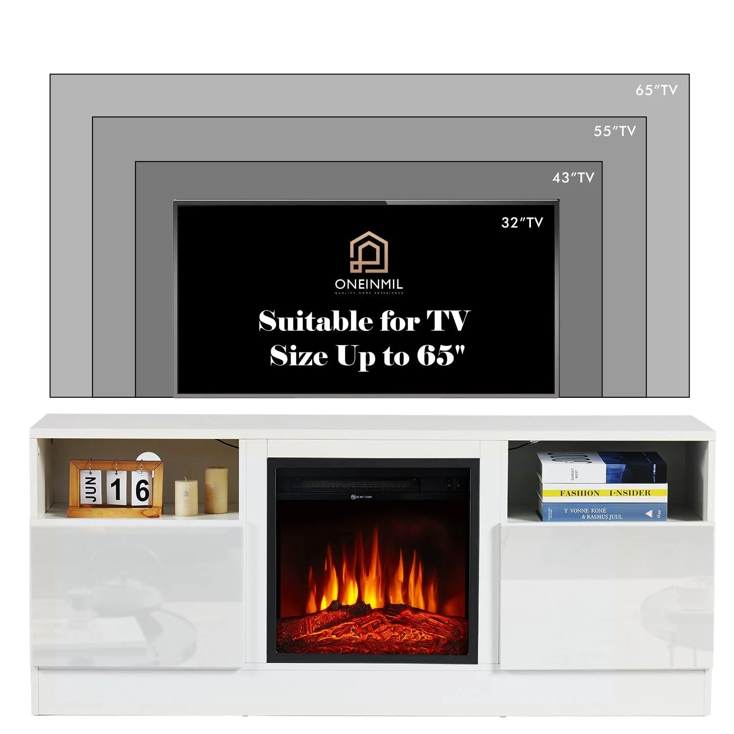 TV Stand with Fireplace for TVs up to 65", 58" Fireplace TV Stand, Entertainment Center with Fireplace for Living Room, Bedroom, White