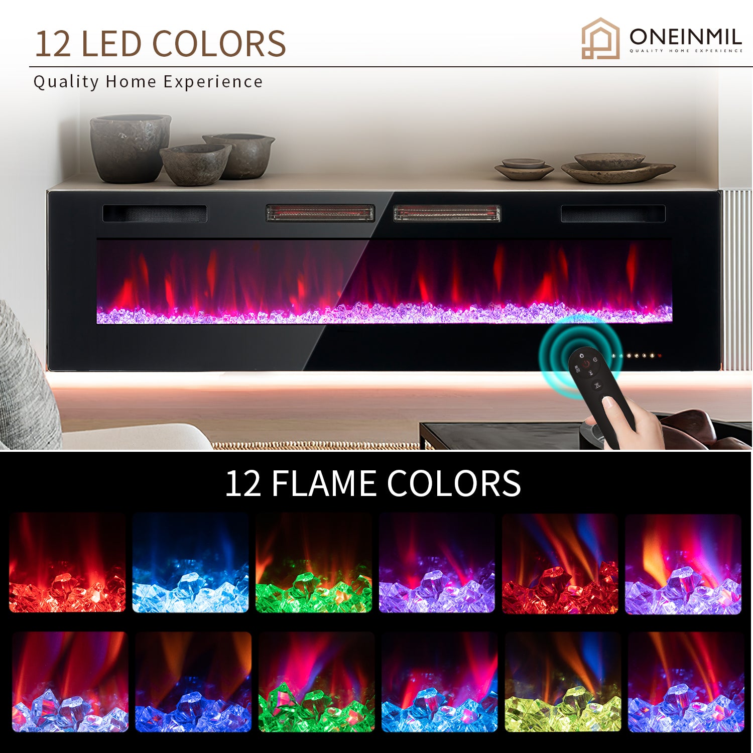 68" Electric Fireplace Inserts, Recessed and Wall Mounted Fireplace Heater for Indoor