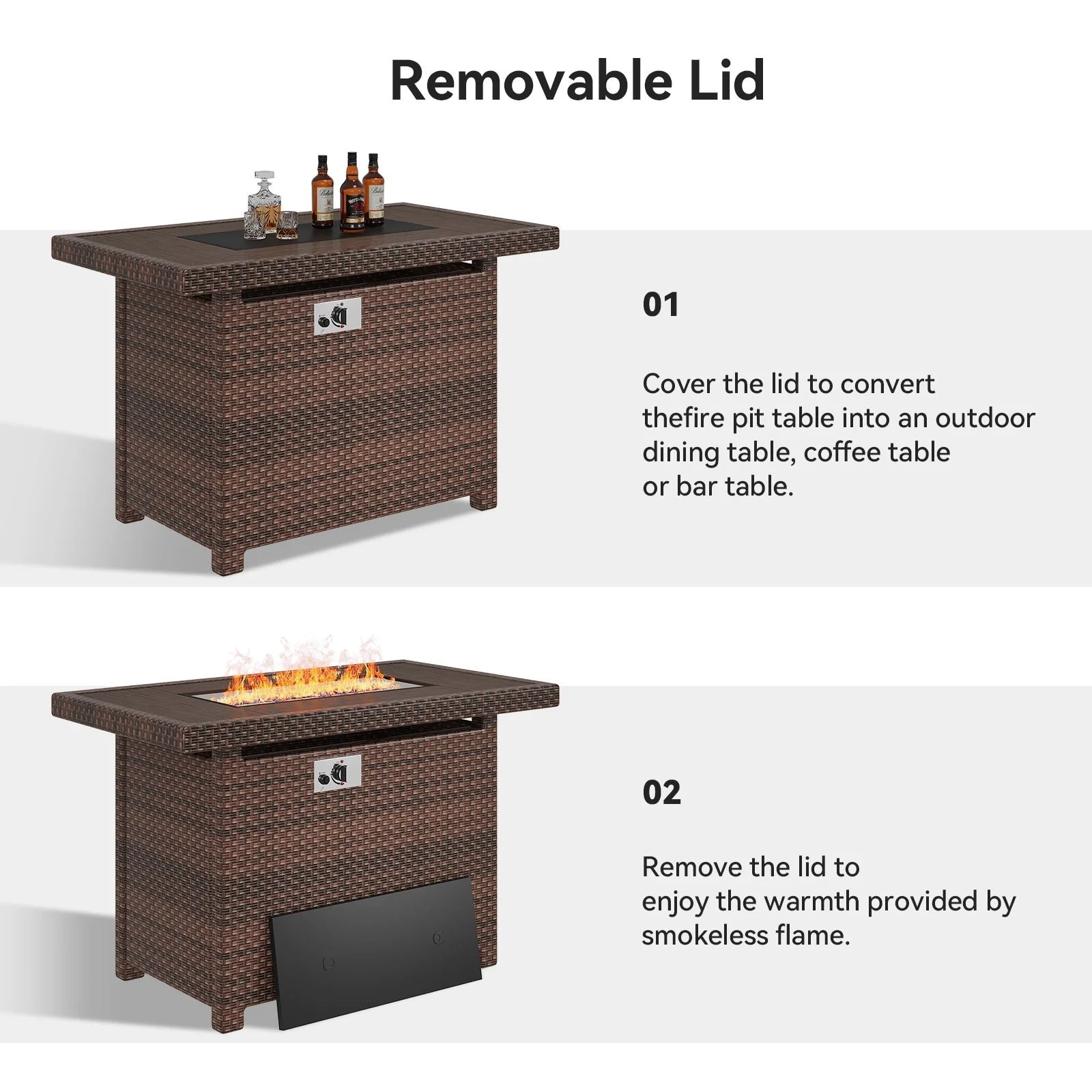 Propane Fire Pit Table, 40 in CSA Propane Fire Table Rectangular, 50,000 BTU Auto Ignition Gas Fire Pit for Outside Patio Deck, Brown Wicker