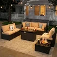 8 Piece Patio Furniture Set with 44” Fire Pit Table Wicker Rattan Patio Sectional Sofa Set Outdoor Seating Furniture with 4'' Thickened Cushion, Beige (Include Waterproof Cover)